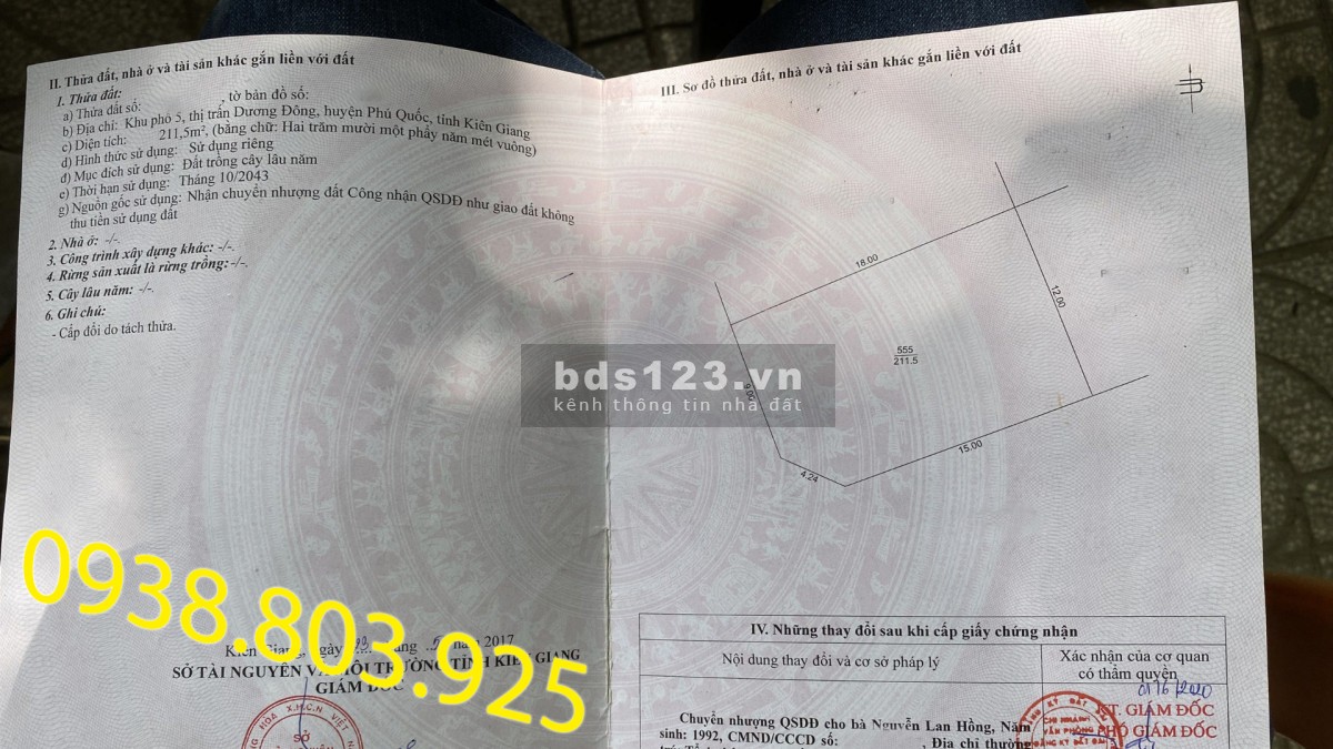 Chủ kẹt tiền bán cắt lỗ lô 211 m2 đất ODT 2,8 Tỷ. 0938 803 925