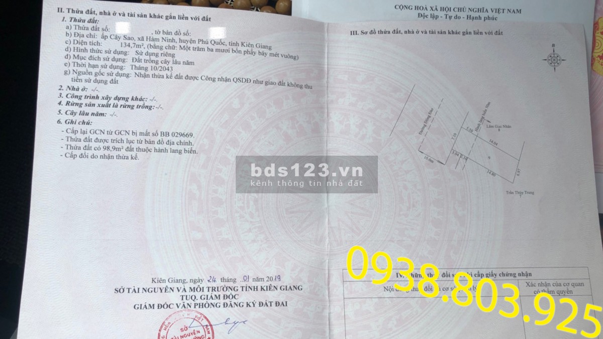 Bán đất thổ cư 3570 m2 mặt tiền biển cây sao phú quốc 0938 803 925