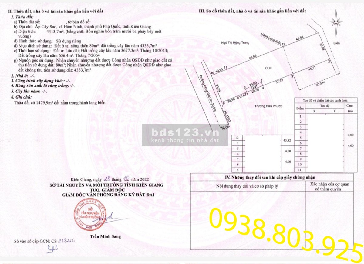 Bán đất mặt tiền và mặt biển phù hợp xây resort có 800 m2 thổ cư. 0938 803 925