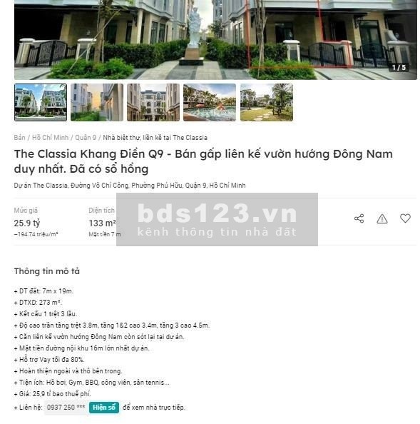 Bán nhà The Classia Khang Điền q9 - chính chủ - căn góc liền kế vườn- hướng đông nam