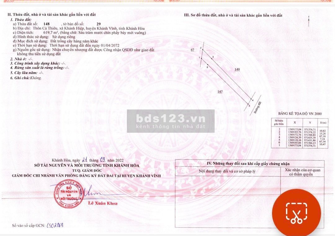 Chính chủ bán đất Khánh Vĩnh quy hoạch thổ cư 619mv giá 330 triệu.