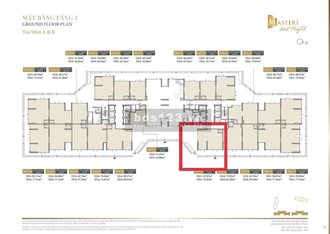 Bán Shop chân đế chung cư DT 74.8m2 cho thuê 80tr/th khu cao cấp Masteri dự án Vinhomes Smart City