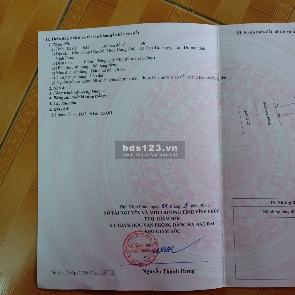 Bán lô đất D37 Cầu Đỏ, Đạo Tú, Tam Dương. DT 100m2
