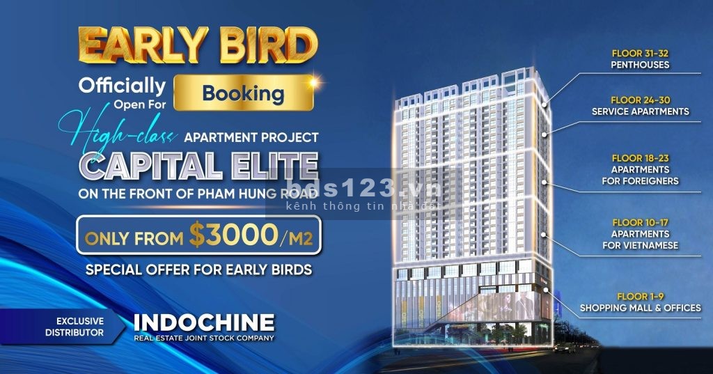 Mở bán đợt 1 căn khách sạn Capital Elite, 100% căn 3PN slot ô tô, CK TTS hơn 500 triệu, LS 0% 12T