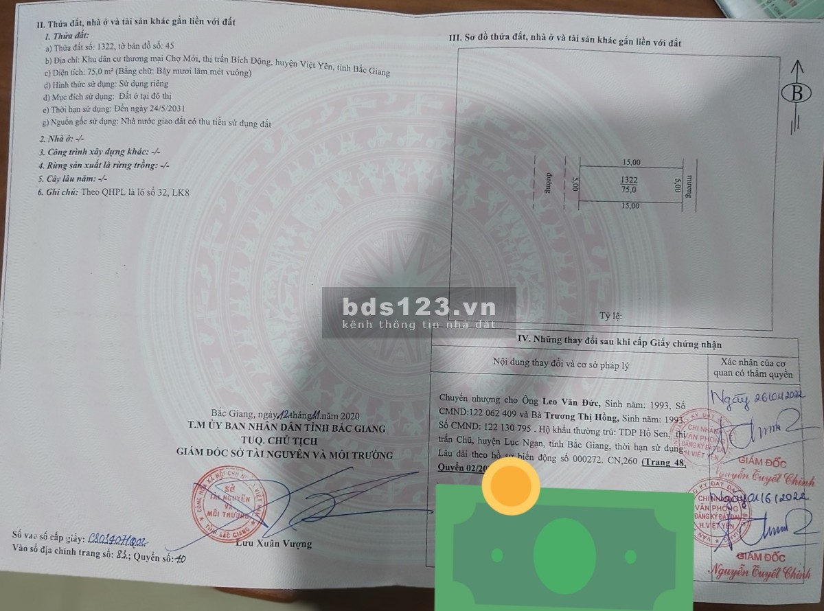 Bán đất, lô LK8 - 32, nhìn vườn hoa, TNR Bích Động, giá 2 tỷ 300 triệu