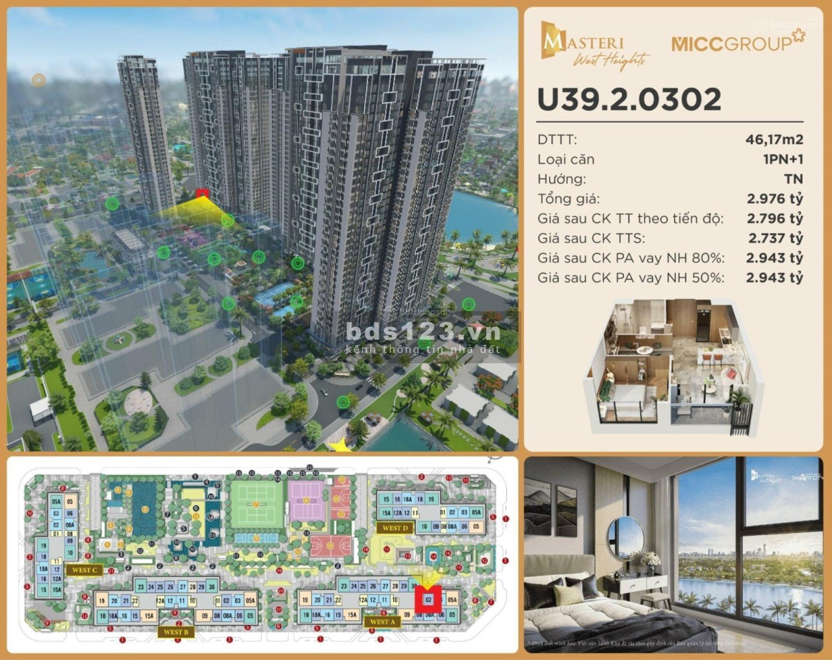 Bán căn hộ 74m2 3PN tt, 82m2 tim tường tại phân khu Masteri West Heights giá cực tốt