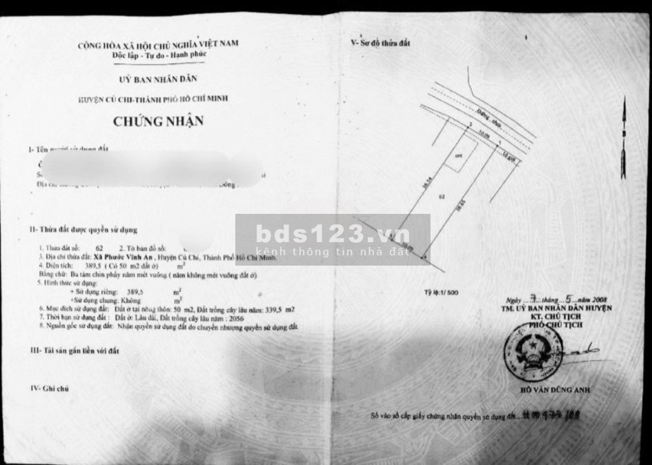 Bán Đất Ngợp, DT 389m2(10x38) ngay Trần Văn Chẩm, Phước Vĩnh An, CC, SHR, 610tr