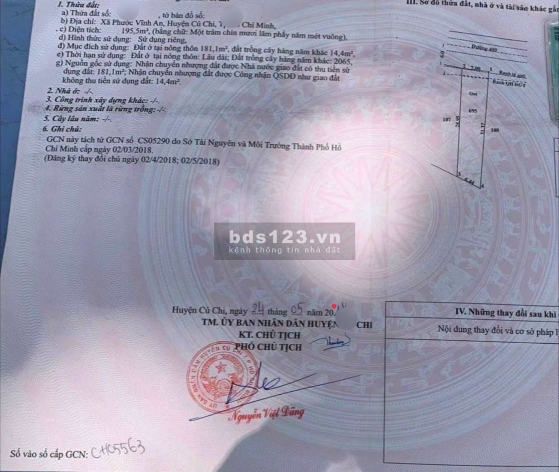 Chủ ngợp giá tốt 580 triệu 195m2 đất thỏ SHR đường 409, Phước Vĩnh An, Củ Chi.