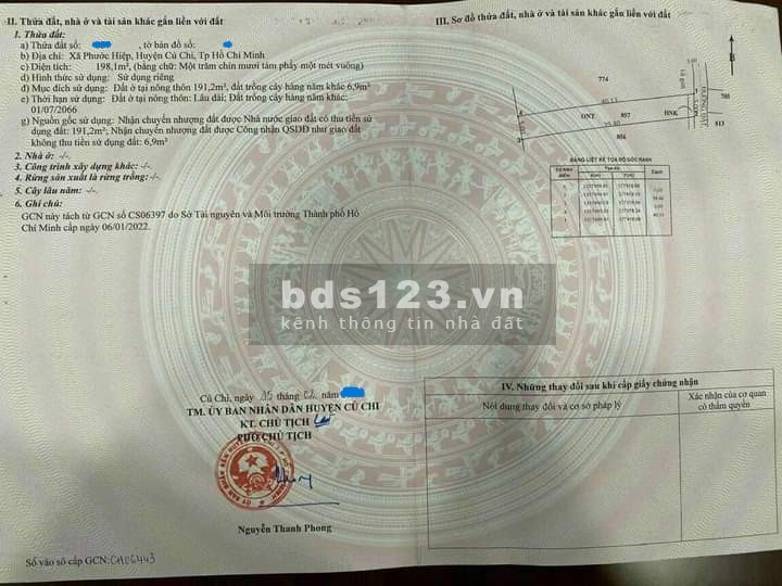 Đất thổ cư DT 198m2, SHR 595 triệu tại đường Lê Thị Vui, Phước Hiệp, tỉnh Củ Chi