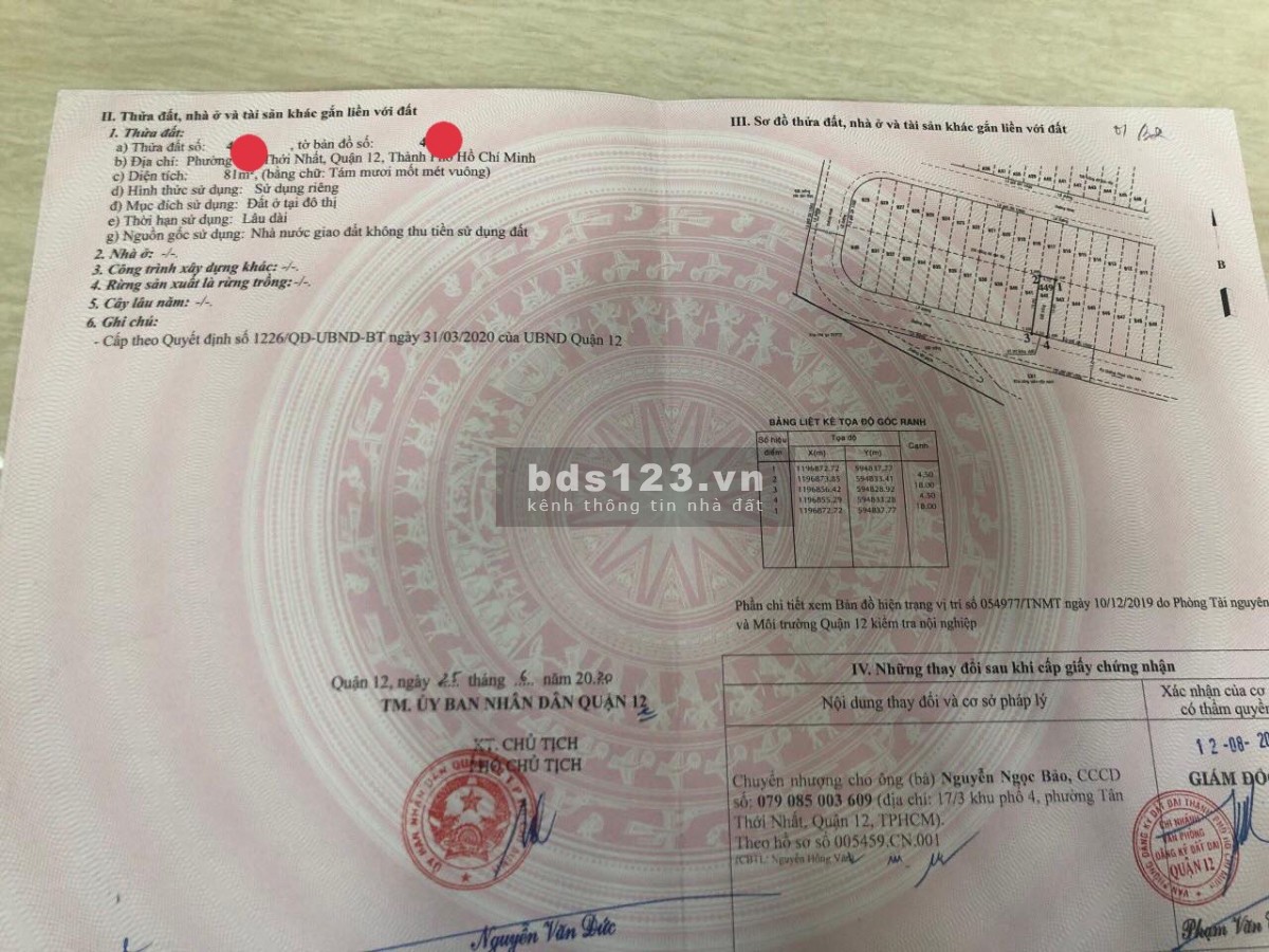 Cần bán lô đất 81m2 /1ty550 trong KDC hiện hữu Q12 gần Trường Chinh SHR -XDTD