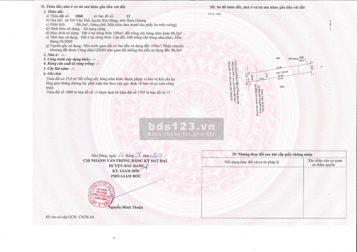 Chính chủ cần bấn đất thổ có sổ sẵn tại Trừ Văn Thố, Bàu Bàng, Bình Dương