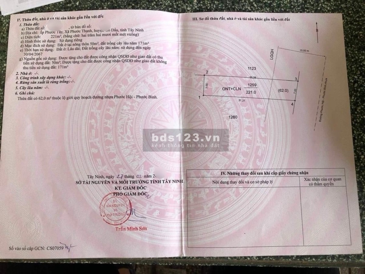 Bán 221m2 đất thổ đường Phước Hội, xã Phước Tây, Phước Thạnh, Gò Dầu, giá 480tr