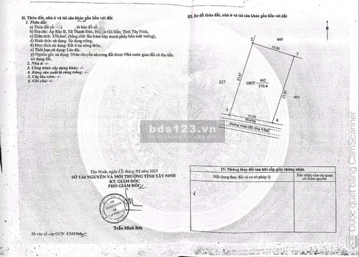 Ra gấp 370m2 thổ cư Ấp Rộc B, Thạnh Đức, Gò Dầu, Tây NInh, SHR, 550tr