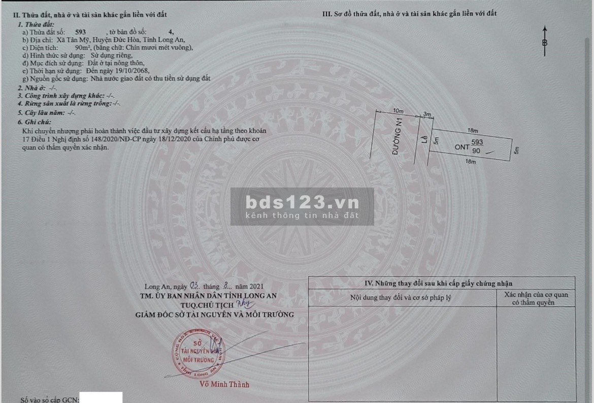Cô Chú 3 gửi bán lại lô đất 90m full thổ, QLN2 Tân Mỹ Long An