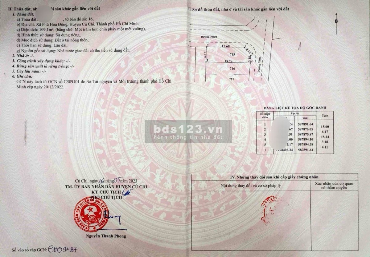 Tôi bán lô góc 2 Mt đường nhựa 109m ngang 6,17x18 Phú Hoà Đông Củ Chi