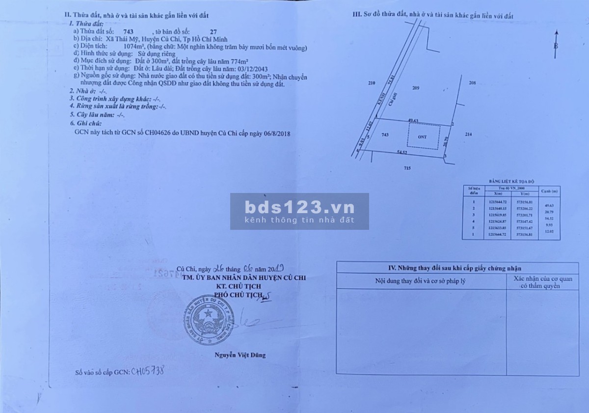 Giá ngộp cần bán đất vườn 1077m SHR giá 1 tỷ 300 tại TL7, Xã Tháy Mỹ, Củ Chi