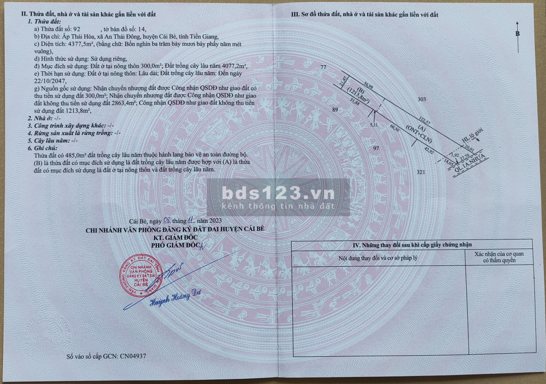 [ Tiền Giang - Cái Bè ] Bán đất mặt tiền Quốc lộ 1A ngang 27.7m × 200m