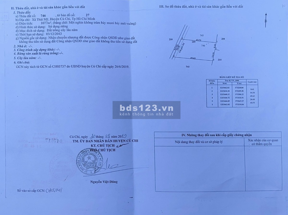 Tôi cần bán lô đất vườn 1077m2 SHR giá 1 tỷ 599 gần đường TL7- Xã Thái Mỹ- Củ Chi