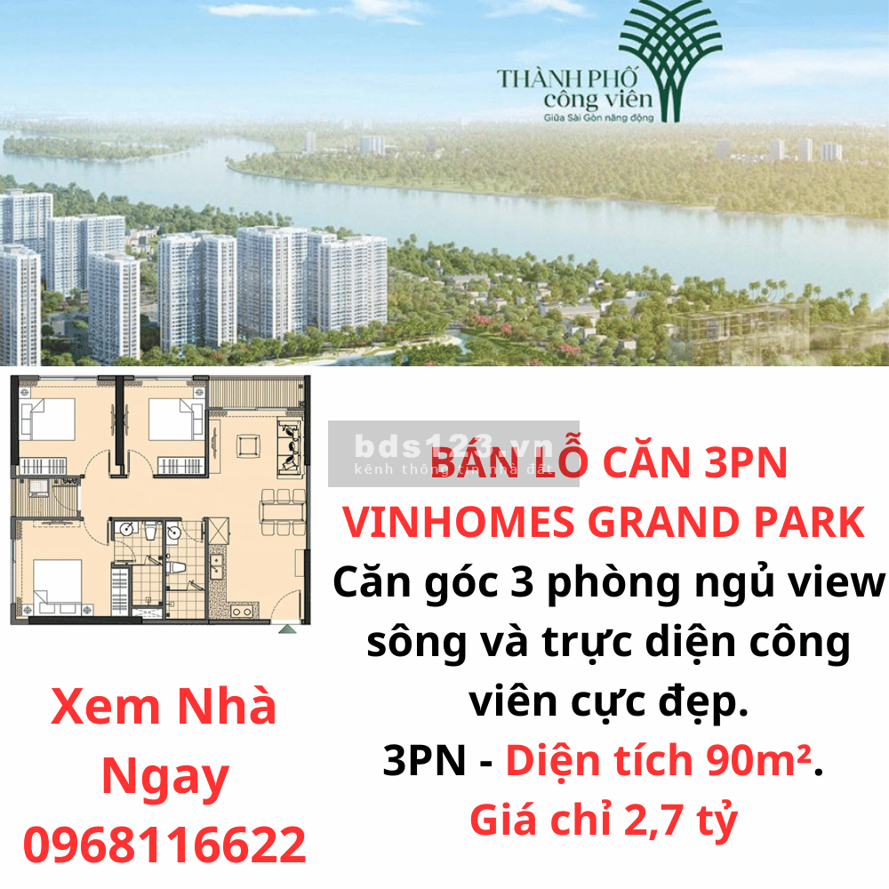 Chủ nhà gửi bán lỗ căn hộ 3PN Vinhomes Grand Park, giá chỉ…