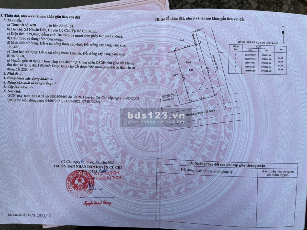 Cần bán đất TPHCM gấp, lô góc đường Nguyễn Thị Rành với đường 521 xã Nhuận Đức, Củ Chi