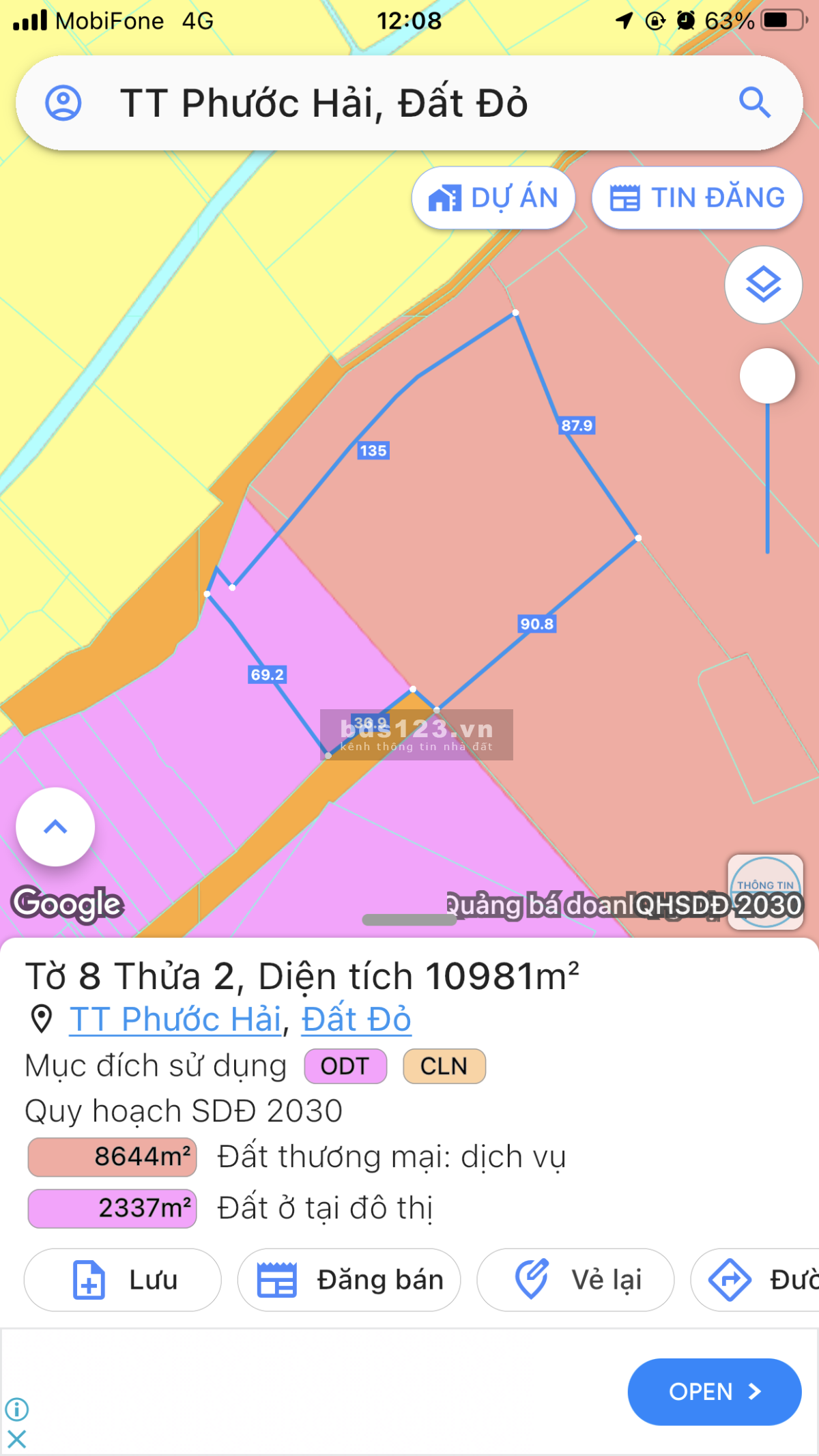 1ha đất TMDV ONT cách bờ kè Phước Hải 1km, sẵn 300tc, tiện kinh doanh KS, Resort, nghỉ dưỡng, 32tỷ