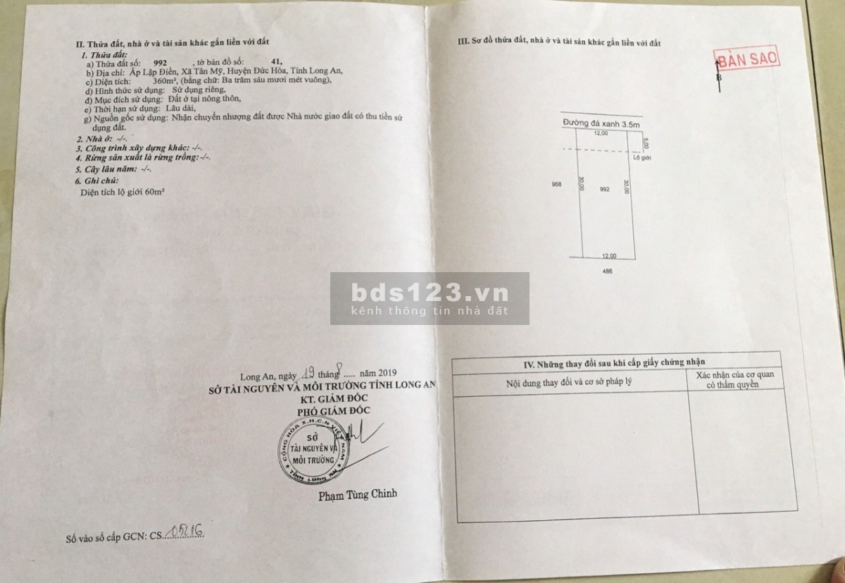 Chính chủ bán đất 360m2 Ấp Lập Điền, Xã Tân Mỹ, Đức Hòa, Long An
