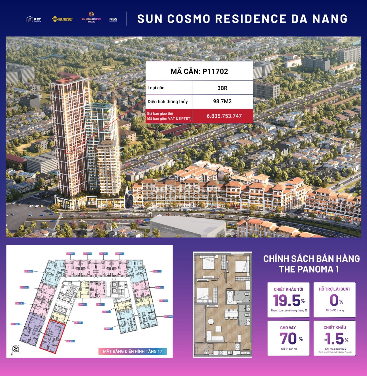 Bán căn 3 PN – 108m2. Mặt Sông Hàn duy nhất trong giỏ hàng. Giá 5.8 tỷ đã bao gồm VAT và KPBT