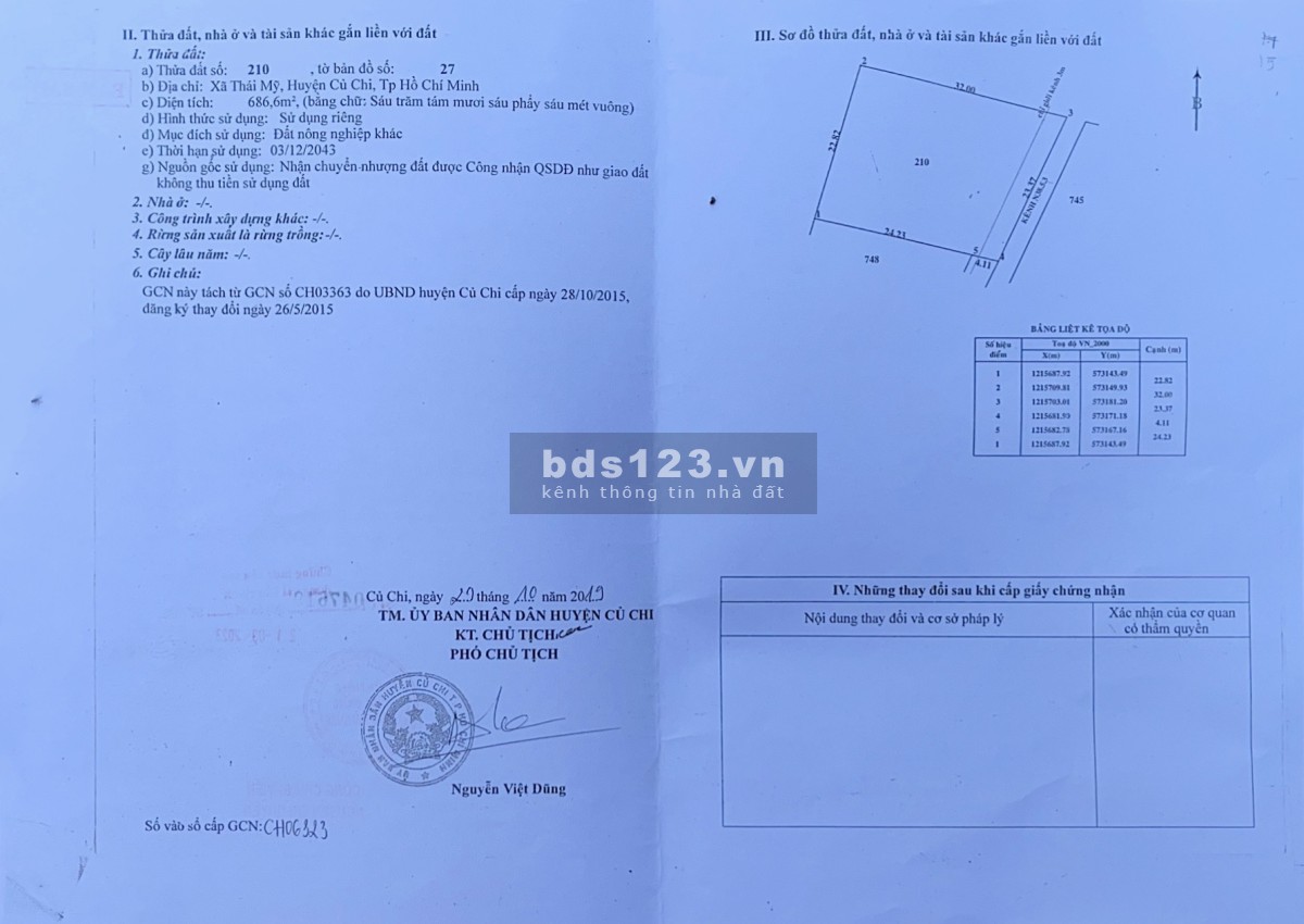 Chính chủ bán đất vườn 686m2 SHR gần đường TL7- Xã Thái Mỹ- Củ Chi