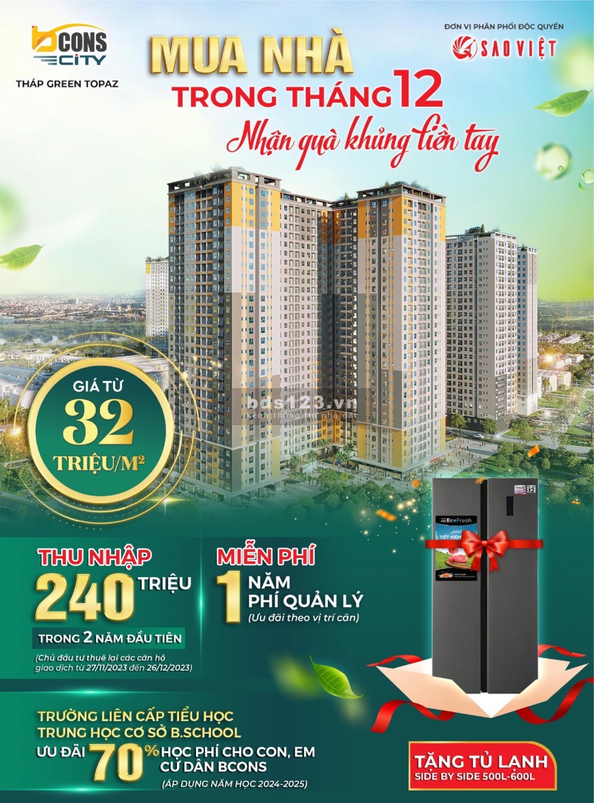Căn hộ 2pn2wc tại Khu phức hợp Bcons City 1ty659 (đã VAT) nhận ngay chính sách trả tiền thuê 240 tr