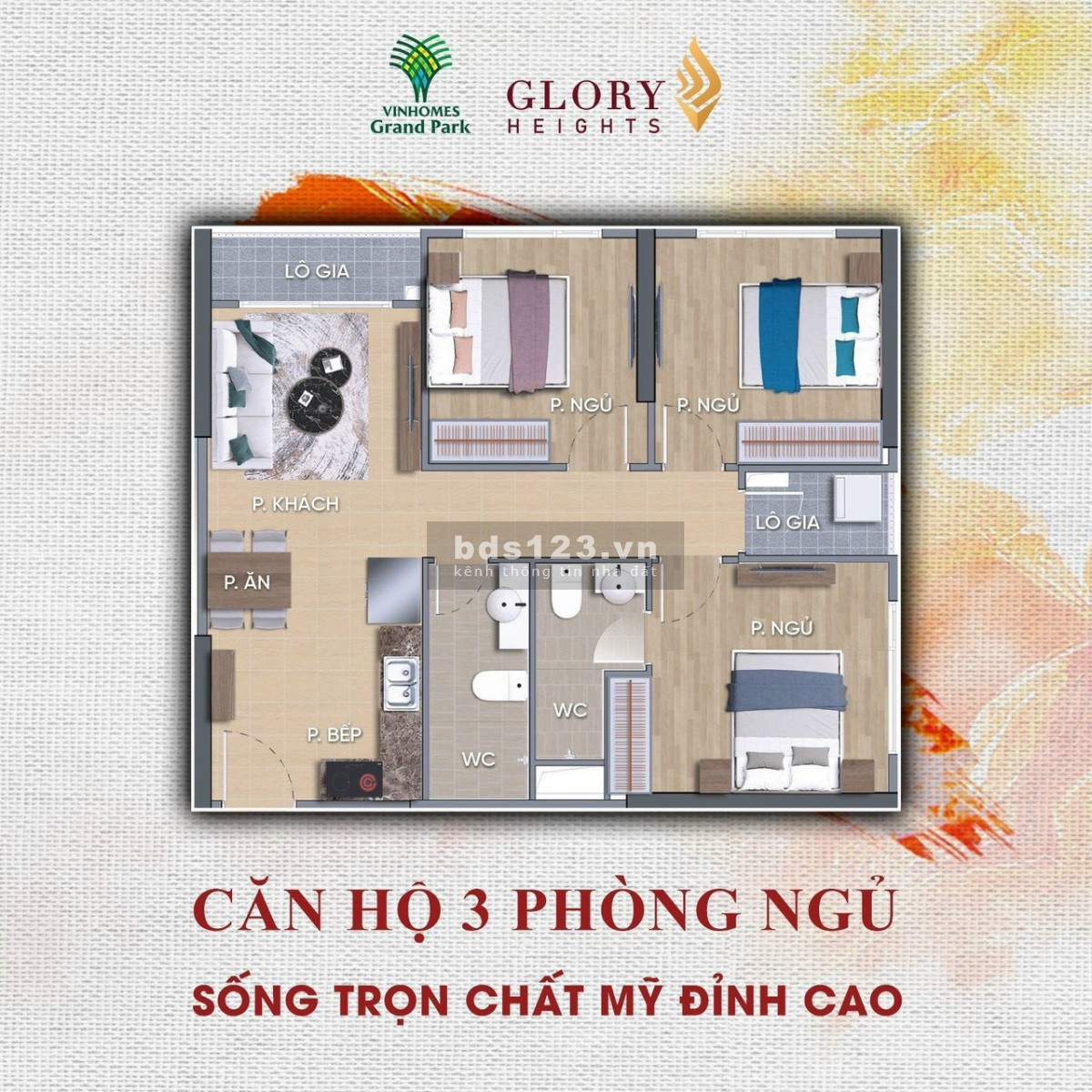 Bán chung cư Glory Heights Vinhomes Grand Park, 3PN, 5.2 tỷ đồng, diện tích 81.8m2