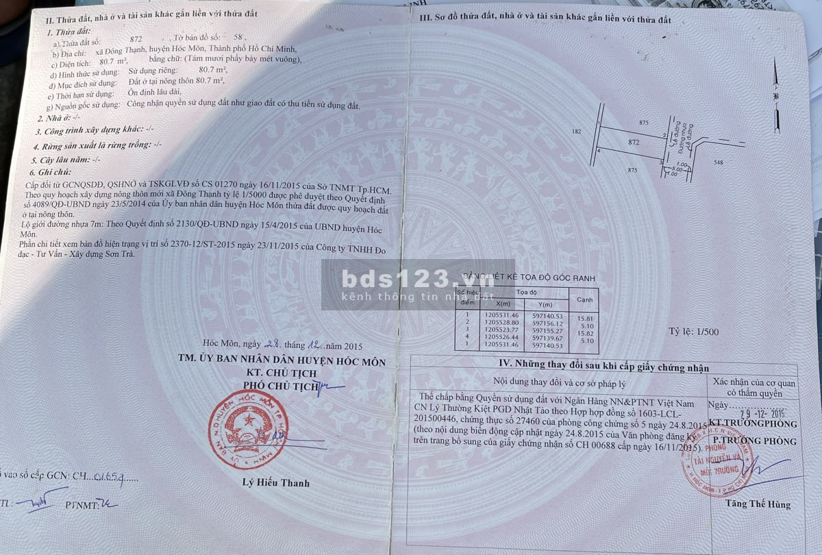 Bán đất 100% thổ cư, có GPXD 3 tầng, Diện tích 80m2 (5x16m), 3tỷ, đường thông Đông Thạnh 4, Ấp 5