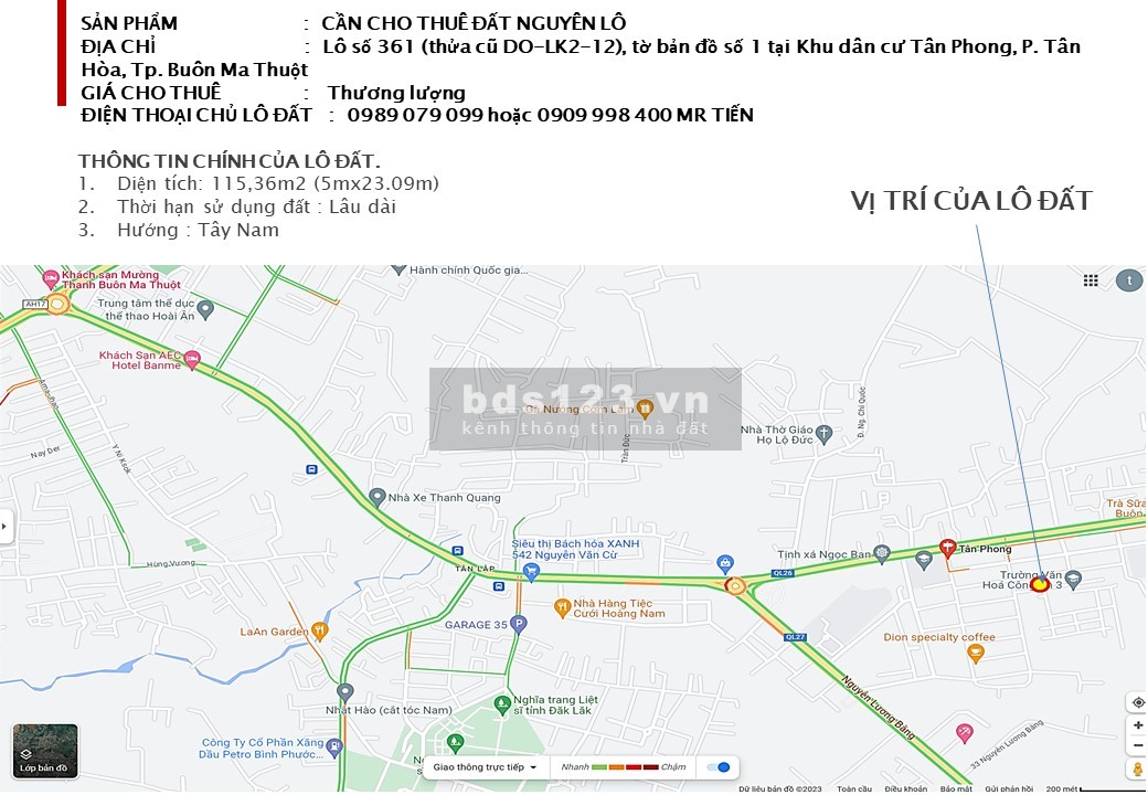 Chính chủ cho thuê nguyên lô dất số 361 (thửa cũ DO-LK2-12), KDC Tân Phong, P. Tân Hòa, Tp. BMT