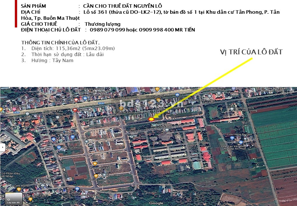Chính chủ cho thuê nguyên lô dất số 361 (thửa cũ DO-LK2-12), KDC Tân Phong, P. Tân Hòa, Tp. BMT