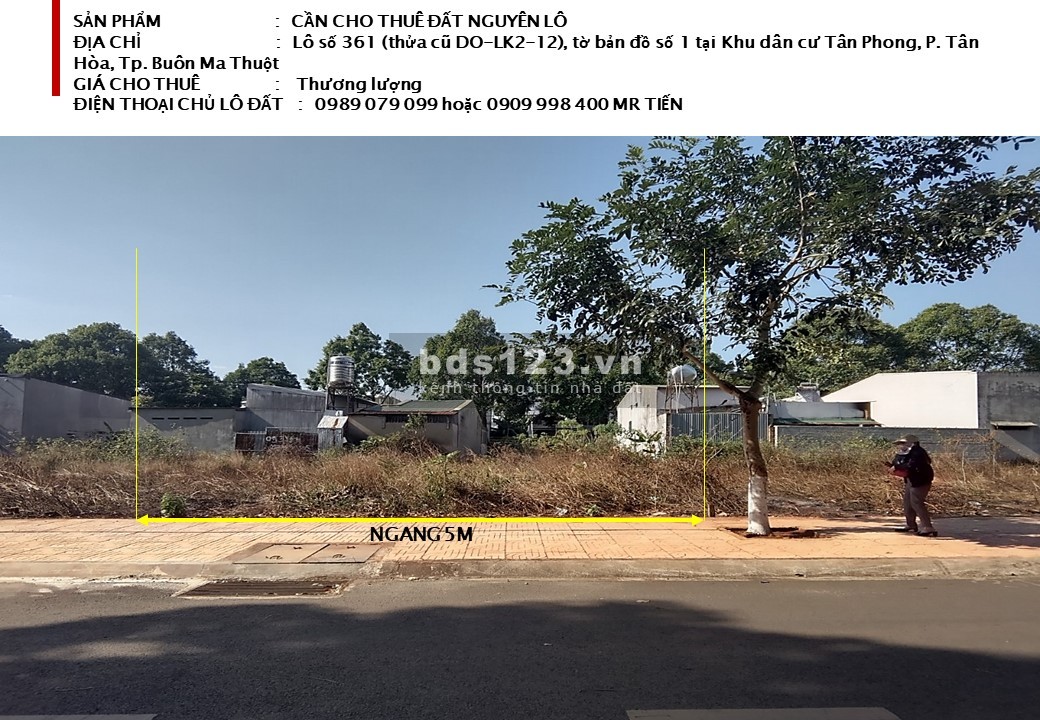 Chính chủ cho thuê nguyên lô dất số 361 (thửa cũ DO-LK2-12), KDC Tân Phong, P. Tân Hòa, Tp. BMT
