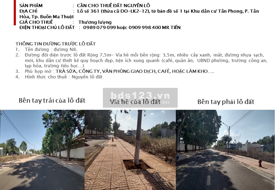 Chính chủ cho thuê nguyên lô dất số 361 (thửa cũ DO-LK2-12), KDC Tân Phong, P. Tân Hòa, Tp. BMT