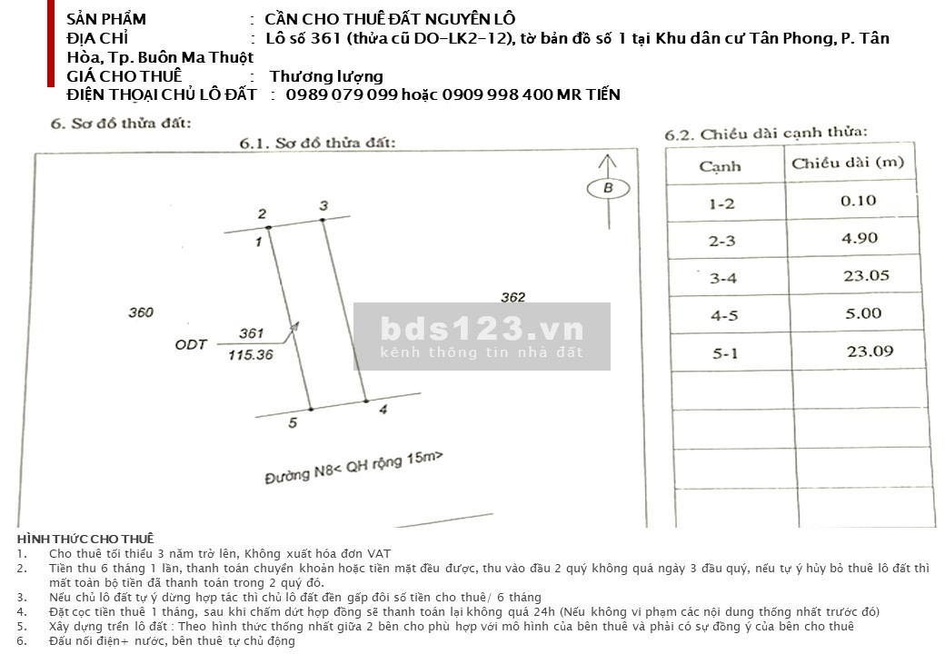 Chính chủ cho thuê nguyên lô dất số 361 (thửa cũ DO-LK2-12), KDC Tân Phong, P. Tân Hòa, Tp. BMT