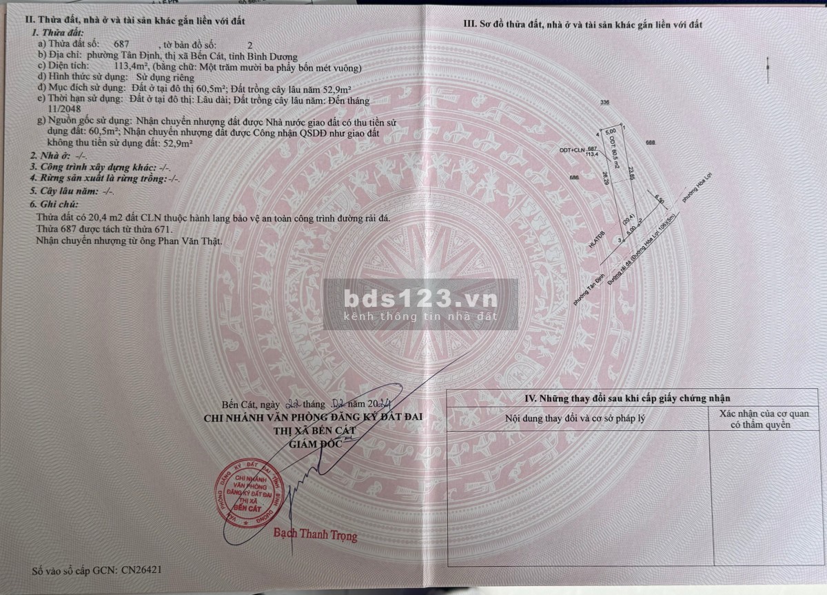 Đất Tp Bến Cát, gần chợ Nhật Huy, Vsip2, sổ sẵn, thổ cư, đường Oto