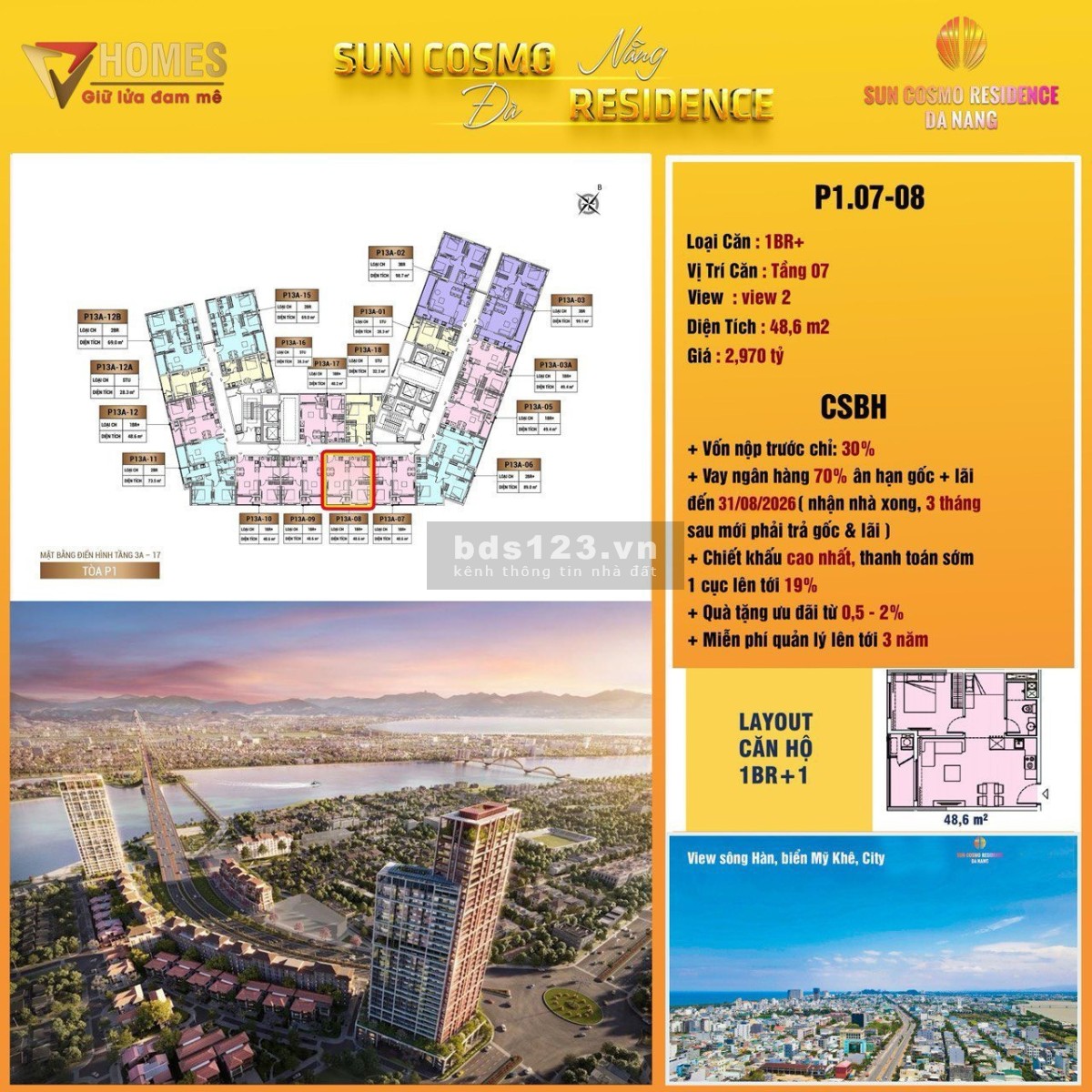 Căn hộ 1PN + 1 dự án Sun Cosmo Đà Nẵng hỗ trợ vay 70%. Miễn gốc lãi, trả nợ trước hạn