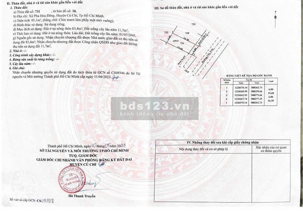 Ngân hàng BIDV phát mãi đất thửa 731 số 16 MT đường Cây Trắc 6X1798 1/TL15 đang vay 1 tỷ5