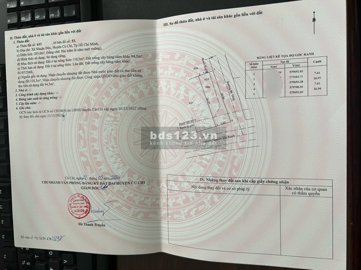Lô góc 2 mặt tiền NguyễnTthị Rành, Nhuận Đức 7.61X26.97 thổ cư giá 3 tỷ xxx gần Vành Đai 4
