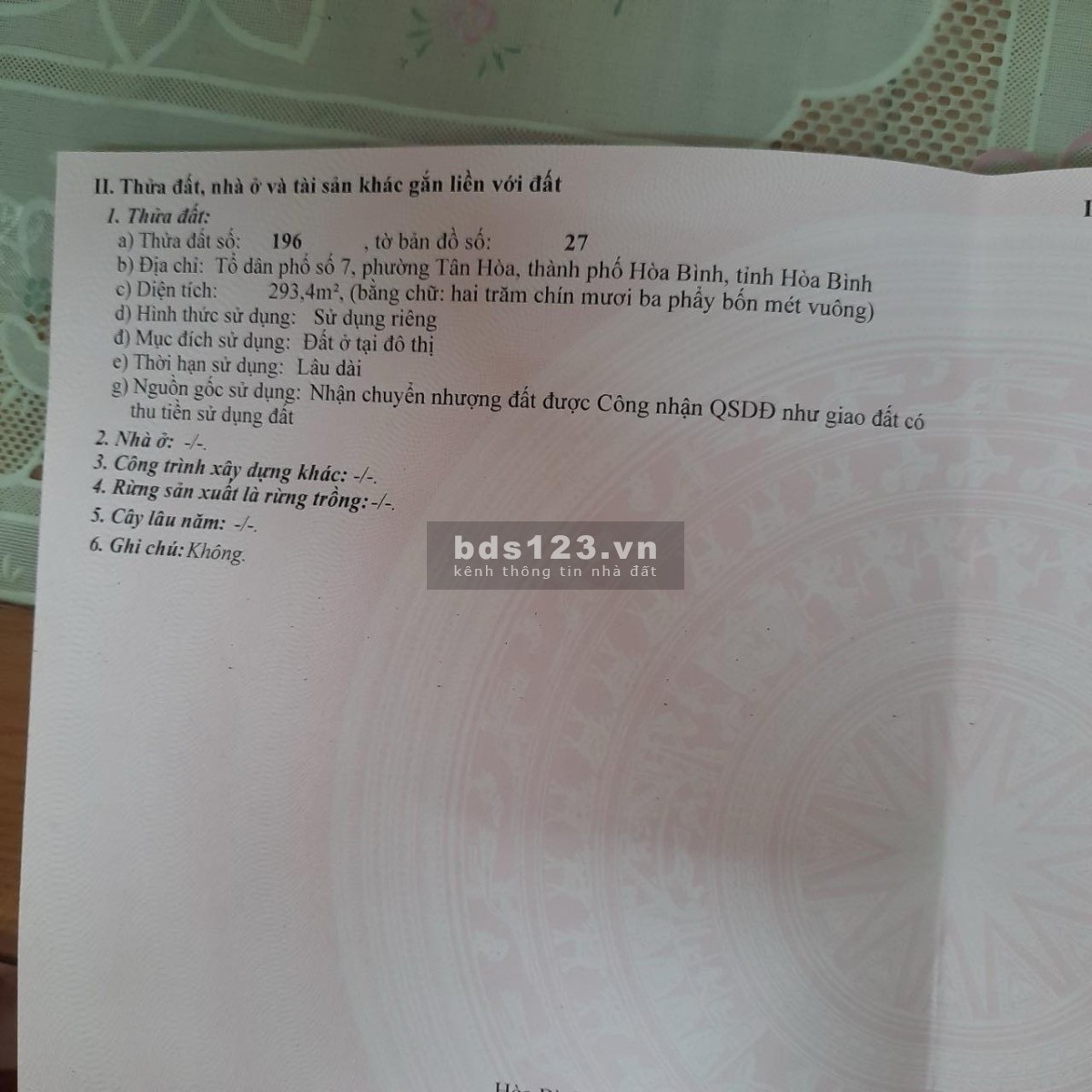 Bán 293m đất đô thị full thổ cư TP Hòa Bình