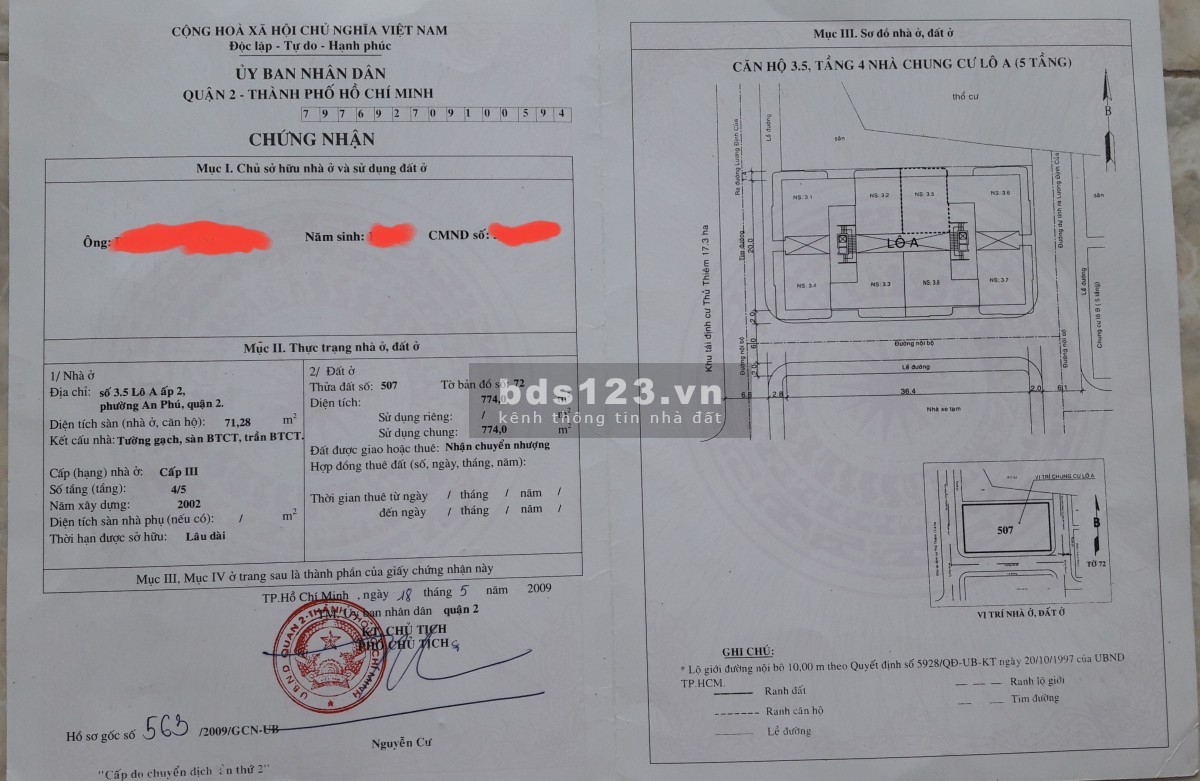 Chính chủ bán căn hộ 3.5, cc lô A, Lương Định Của (đầu đường H), P.An Phú Q2 HCMC.