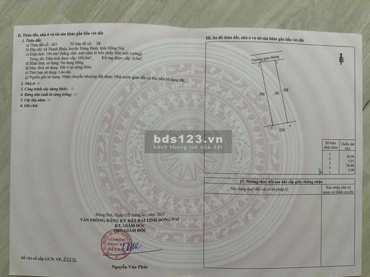 Cần bán gấp 100m2 full thổ cư Thanh Bình Trảng Bom Đồng Nai giá 600tr
