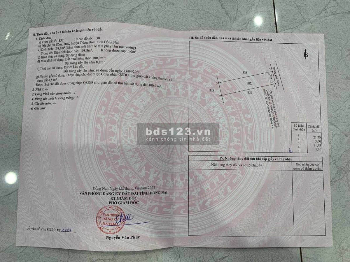Cần bán gấp Đất MT Đường 20 Sông Trầu Trảng Bom Đồng Nai 108m2 Full Thổ Cư giá 850tr