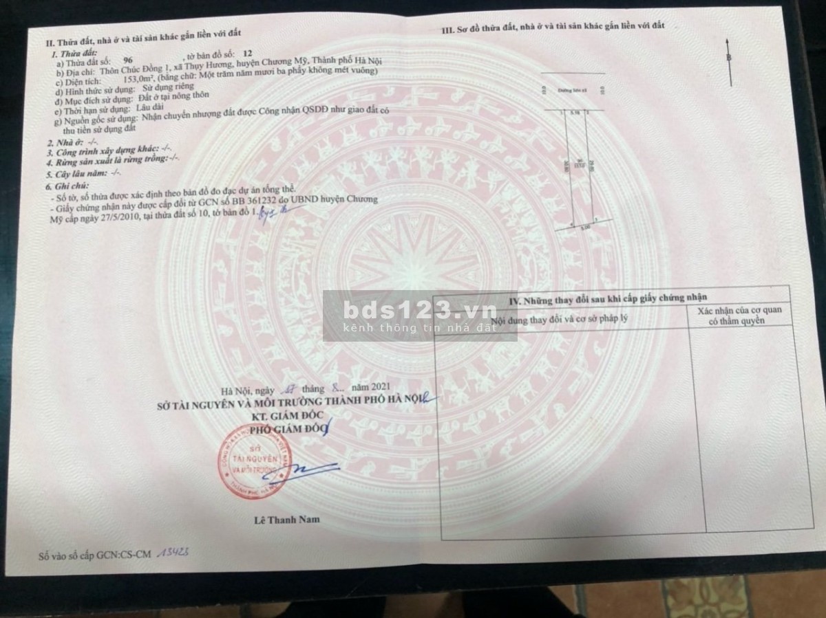 Đất tuyệt đẹp 153m2, Trục chính, mặt đường máng 7, Thuỵ Hương, Chương Mỹ, Hà Nội.