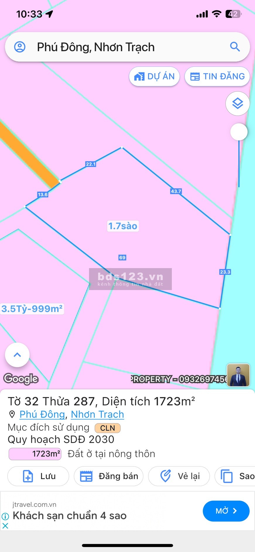 Kẹt tiền bán lô đất 1723m2 ( 35 X 50) mặt tiền sông Phú Đông, Ngay Gần KĐT Phú Mỹ Hưng Giảm 30%
