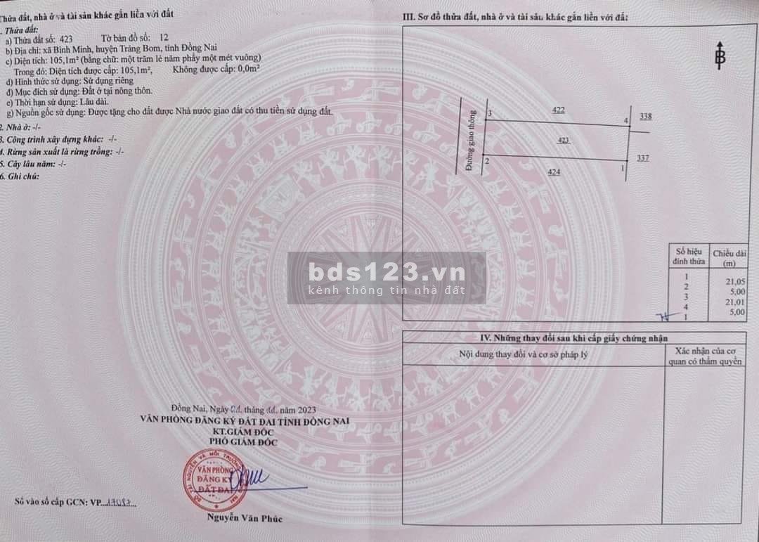 Cần bán đất sổ riêng thổ cư 109m2 giá 1ty150 Bình Minh Trảng Bom Đồng Nai
