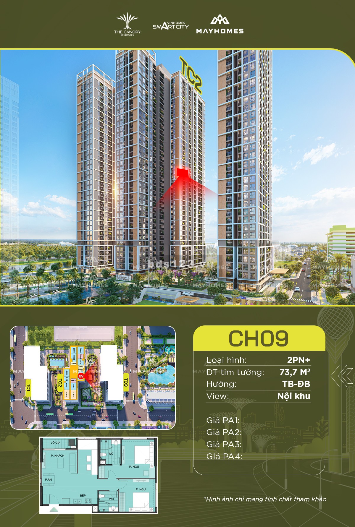Bán căn 2N+ TC2 tầng trung hướng ĐN View nội khu phong cách Singapore xanh nhất Vinhome Smart City