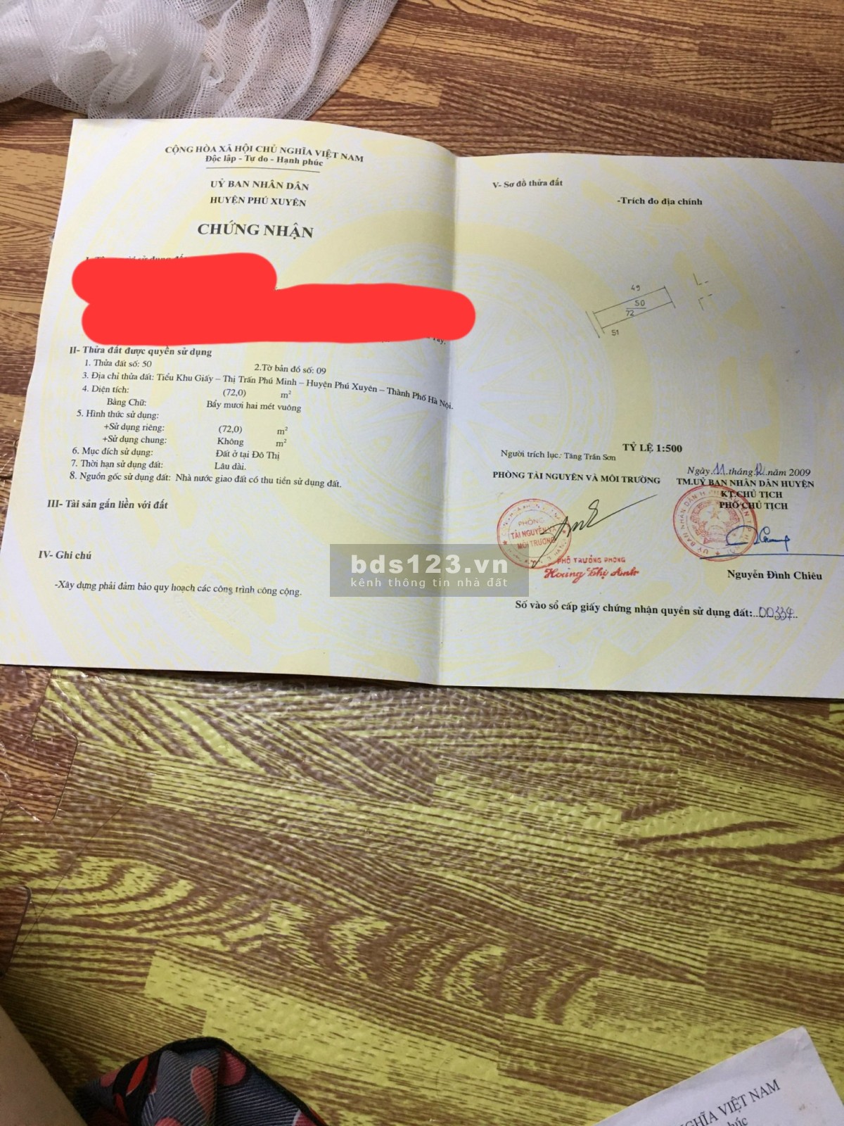 Chính chủ bán đất lô đất 72m; vị trí thuận lợi: gần chợ, trường MN, C1, C2 thị trấn Phú Minh