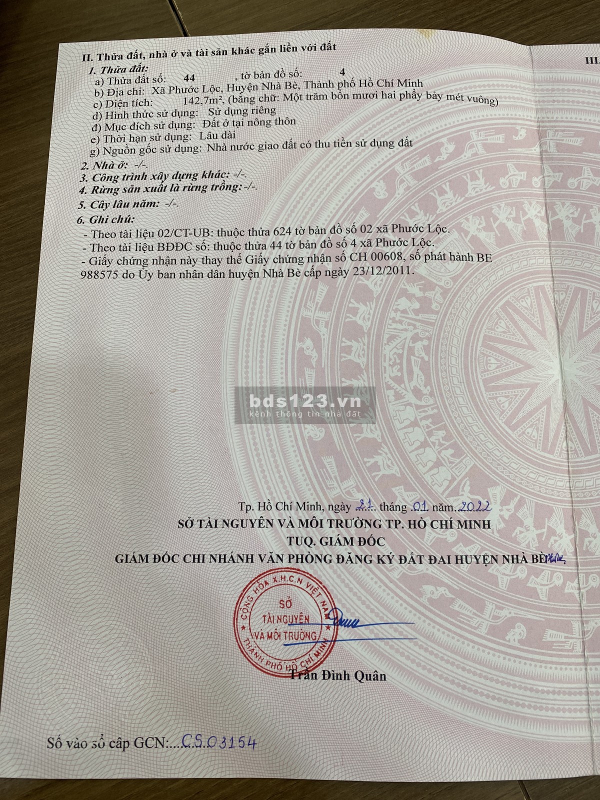 Bán đất chính chủ ngay mặt tiền đường Đào Sư Tích, xã Phước Lộc, huyện Nhà Bè.
